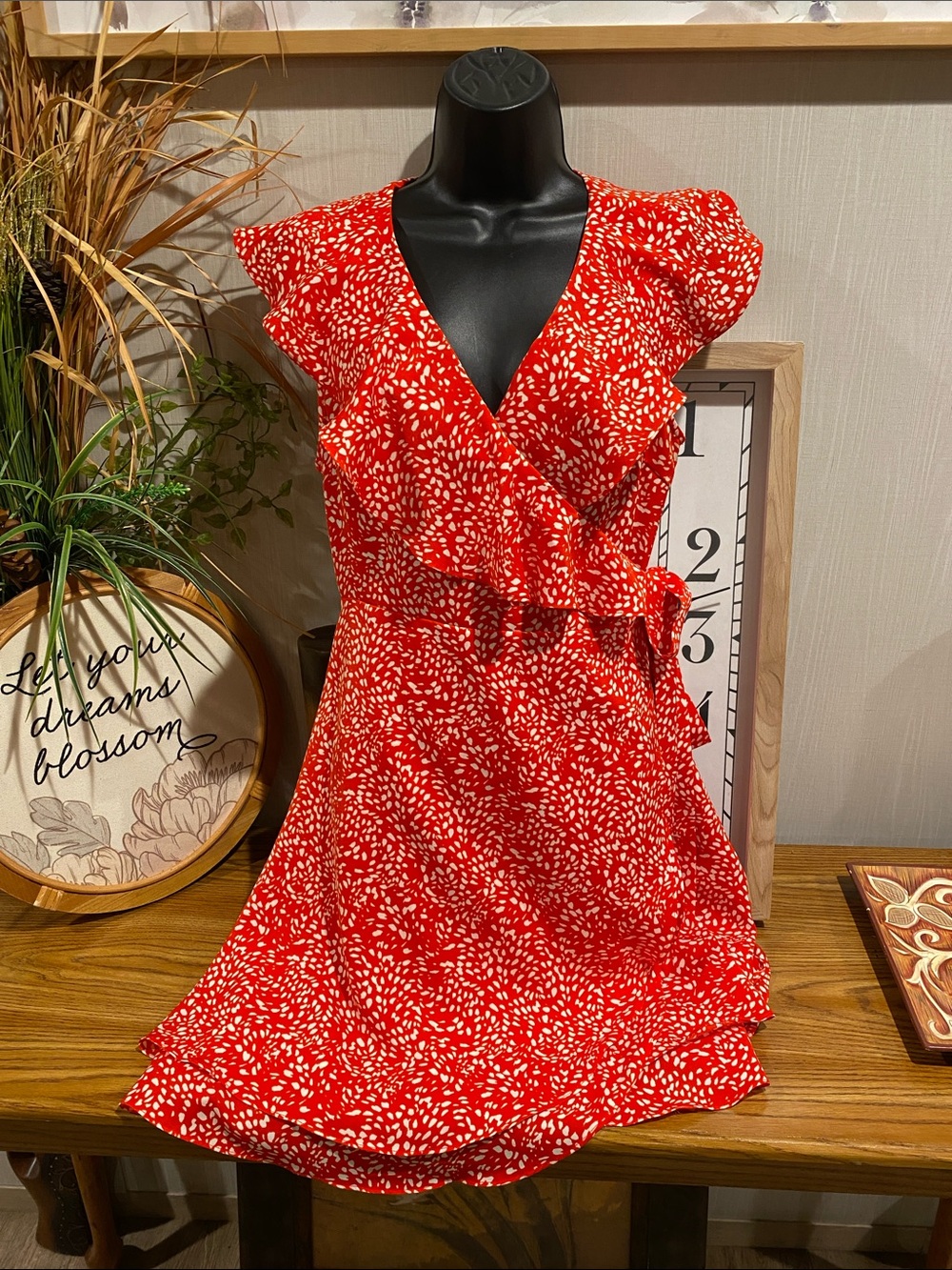 THML Red and White Floral Wrap Dress with Ruffle Trim